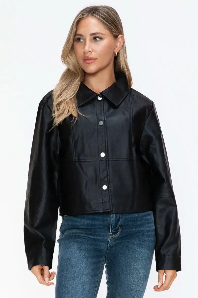 Snobbish Snap Down Long Sleeve PU Leather Jacket - Love Salve